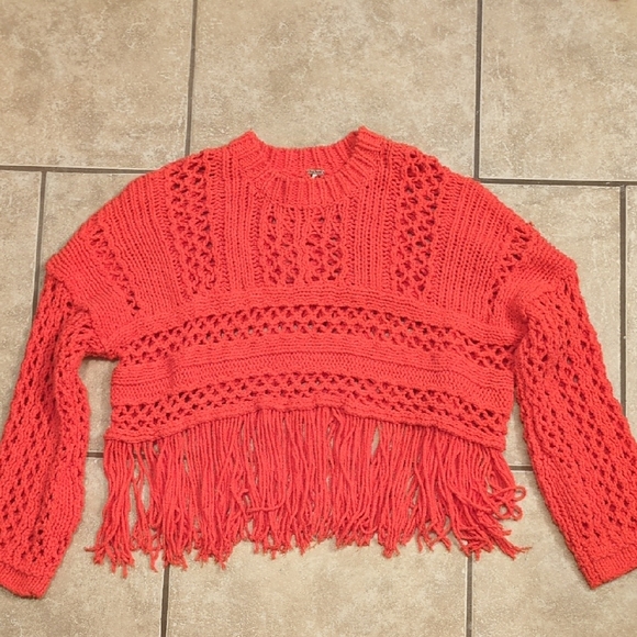 Free People Sweaters - Free People Higher Love Boxy Cropped Crochet Cable Knit Fringe Sweater